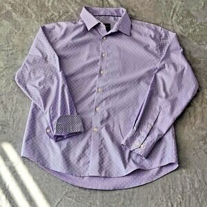 Egara Stretch Non Iron Geometric Flip Cuff Purple Button Shirt Mens Sz XL